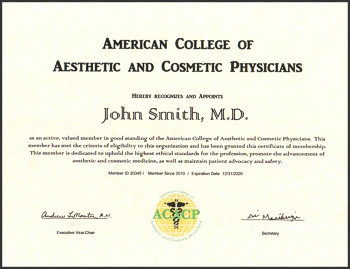 Certificate for the American College of Aesthetic and Cosmetic Physicians
