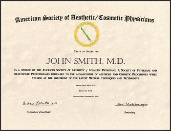 Certificate for the American Society of Aesthetic/Cosmetic Physicians